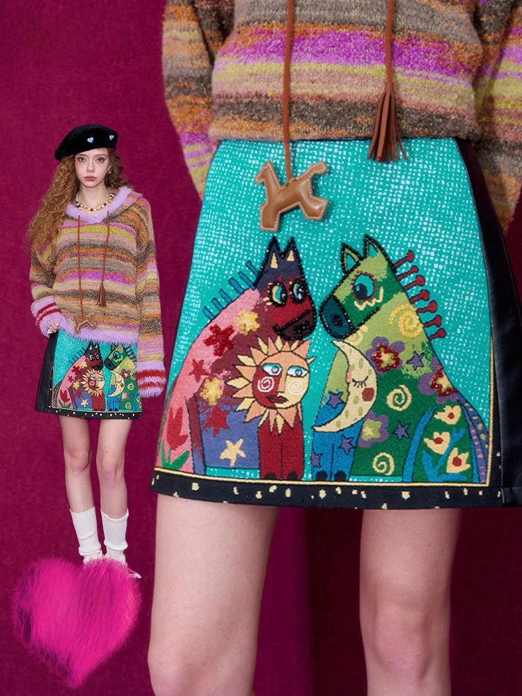 

Heavy Embellied Fairy ket Artistic Skirt Women's Winter New Year's Outfit PU Leather Skirt Embroidered A-Line S...