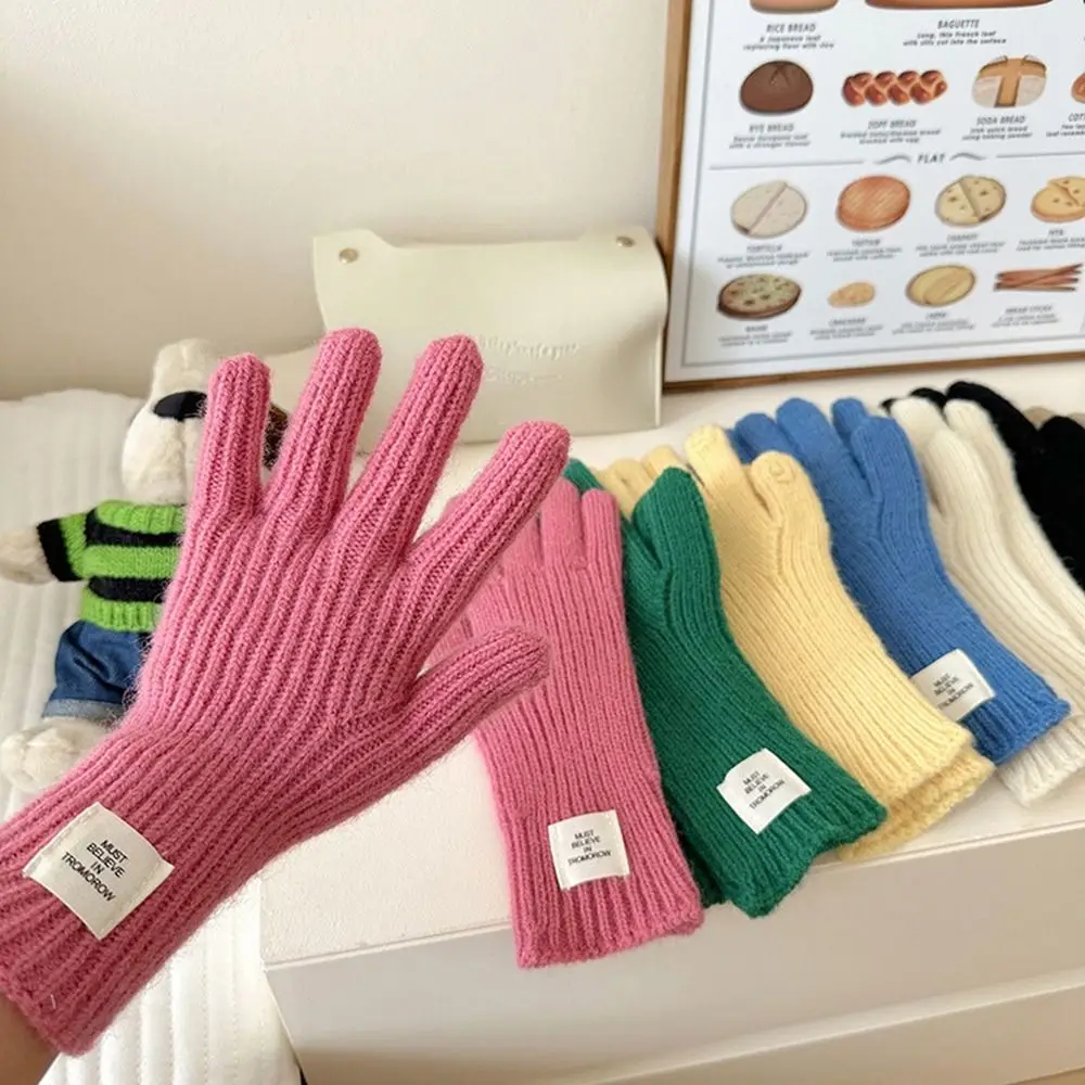 Touch Screen Gloves Knitted Gloves Cute Letter Candy Colored Long Mittens Warm Solid Color Winter Velvet Gloves Riding