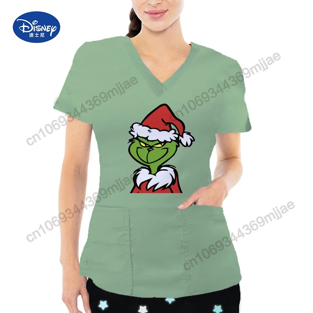 Disney Nurse T-shirt V-neck Pocket Women\'s Surgical Clothing Woman Clothes for Women Y2k Tops Women\'s Long Sleeve Top Female
