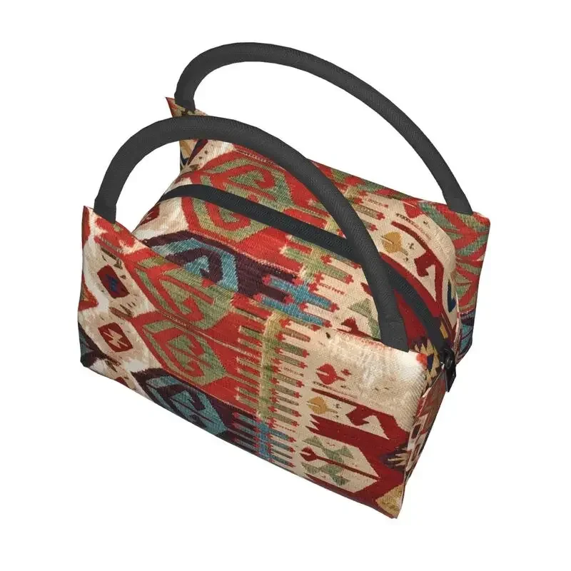 Aksaray Tribal Antique Turkish Kilim Print Insulated Lunch Bags for Women Leakproof Vintage Bohemian Ethnic Art Lunch Tote