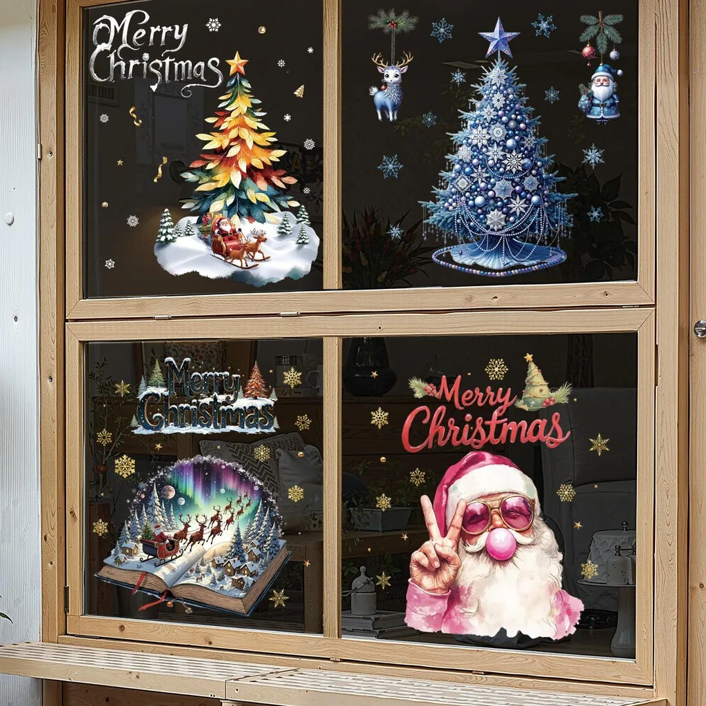 Christmas Window Stickers Decorative Christmas Static Window Cling Christmas Window Decoration  For Wooden Surfaces Metal