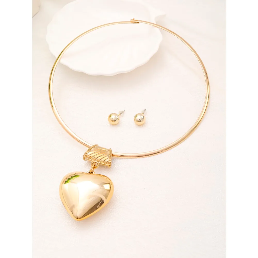 Vintage Punk Big Heart Pendant Choker Necklace Earrings Women Trend Gold Silver Color Metal Chain Jewelry Steampunk