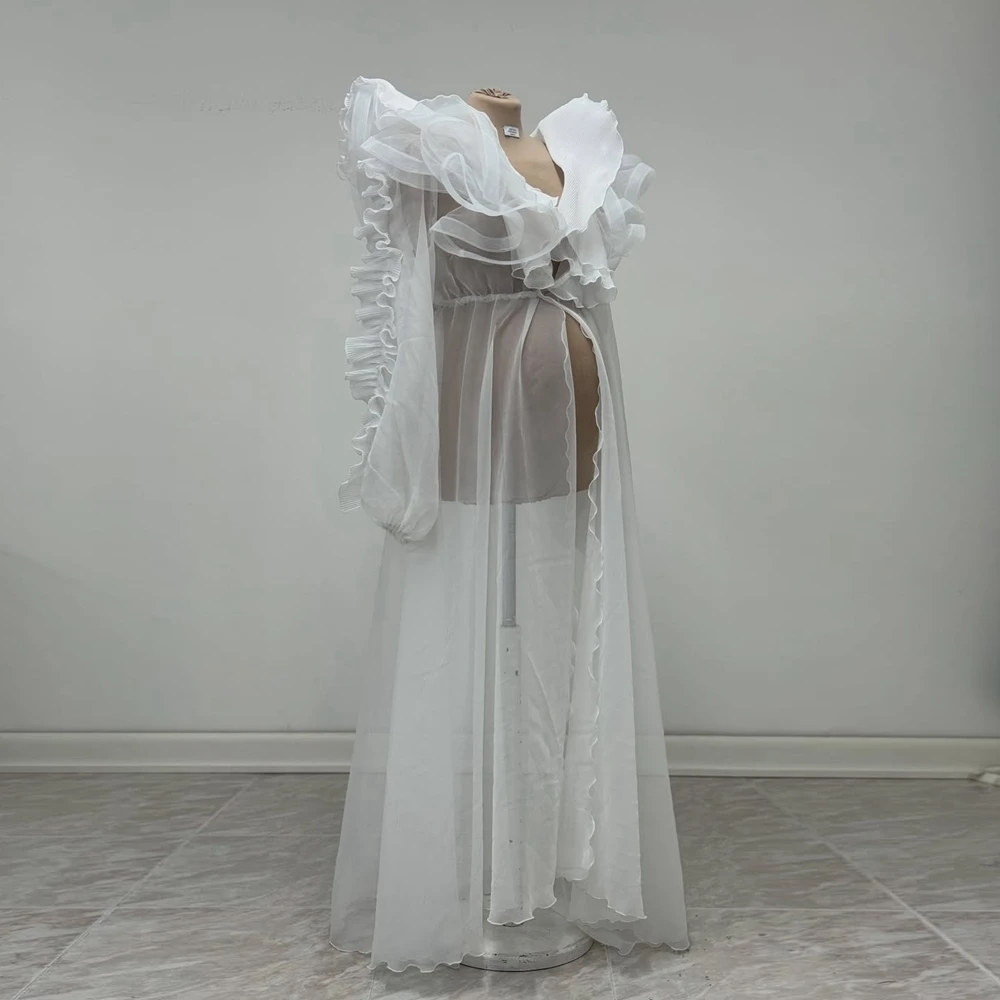 

White Sheer Ruffle Maternity Dress with Long Sleeves High Slit Flowy Design for Special Occasions Gowns Mesh Photography Dress