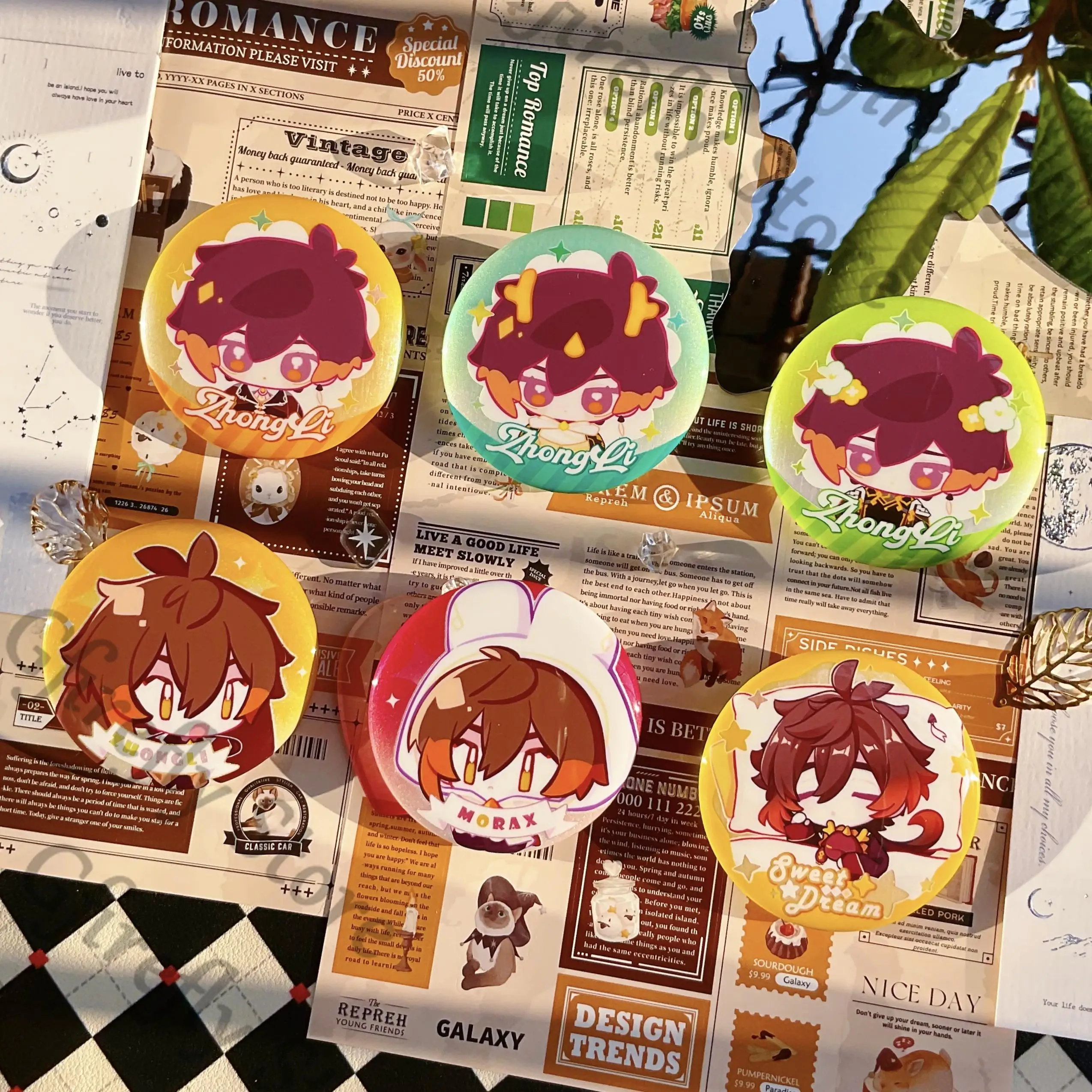 

Genshin Impact Zhongli Double Flash Badge Emblem Cosplay Q Version Mini Breastpin Anime Collect Ornaments Decoration 58mm