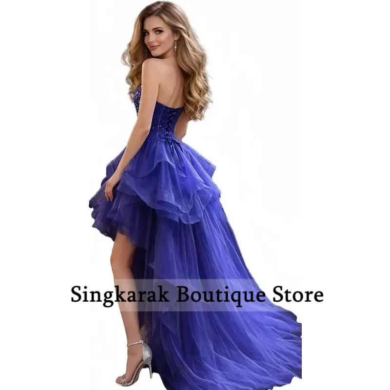 Customized Strapless High Low Tulle Prom Dress for Women Elegant Evening Gown with Beaded Formal Party Dress with Train