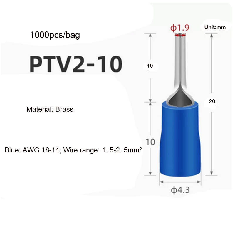 Imagem -03 - Isolado Pin Terminais Elétricos Splice Friso Conector Auto Fiação Ptv1.25-10 1.25-12 Ptv2-10 Ptv5.5-13 1000 500 Pcs2216awg