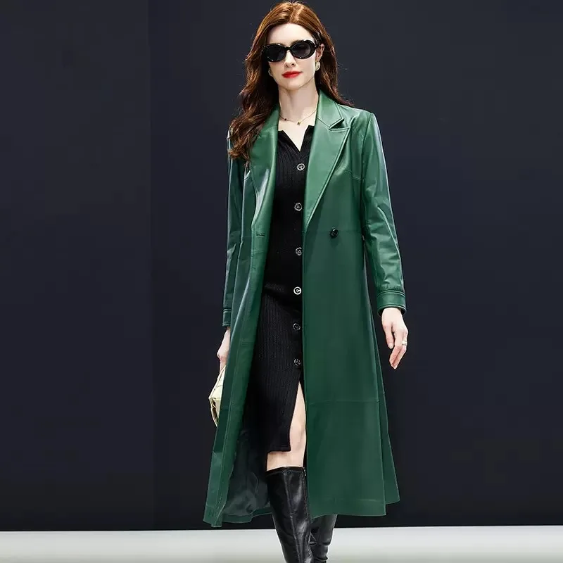 Herfst Winter Elegant Office Vrouwen 100% Schapenvacht Echt Leren Jas Gordel Slanke Lange Trenchcoat Werk Windjack