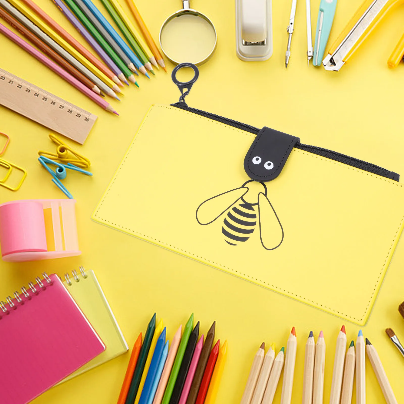 Creative Yellow Bee Printed Pencil Bag Stationery Organizer Large Capacity Portable Pen Holder Multipurpose Storage