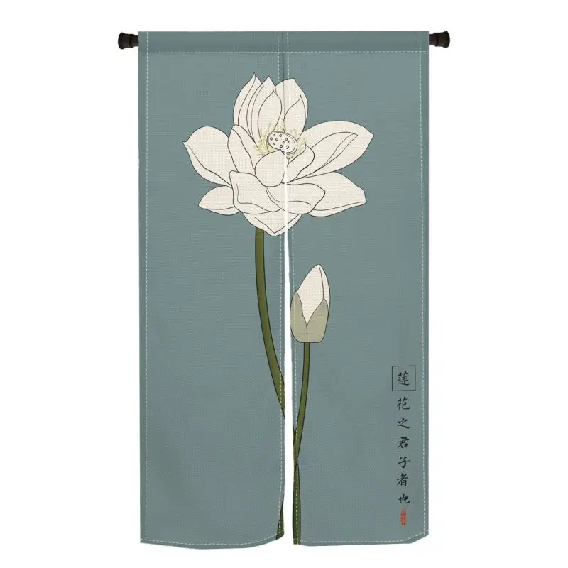 VIKAMA Chinese Ink Lotus Flower Door Curtain Linen Partition Durable Stylish No Drill Half Curtain for Home Kitchen Bedroom