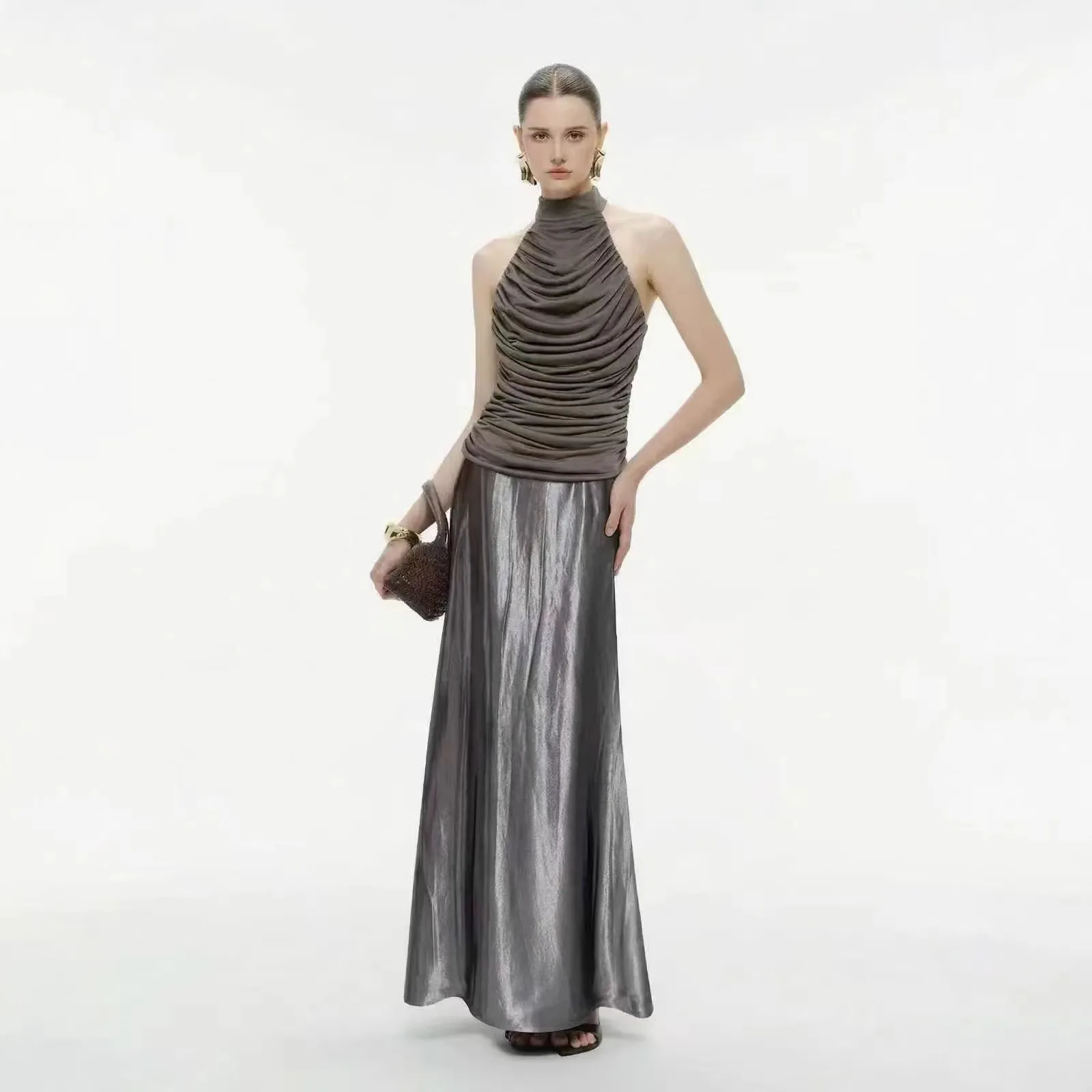 

Sexy Patchwork Folds Dresses for Women Halter Sleeveless High Waist Slimming Backless Long Dress Female Fashion New