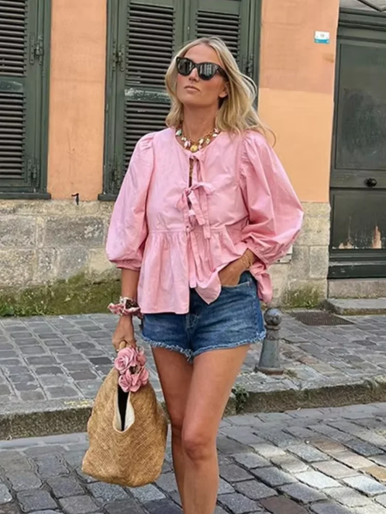 Casual Solid Round Neck Fold Loose Women Blouse Fashion Lace Up Half Sleeve Short Shirt 2025 Lady New Spring Chic Commute Top