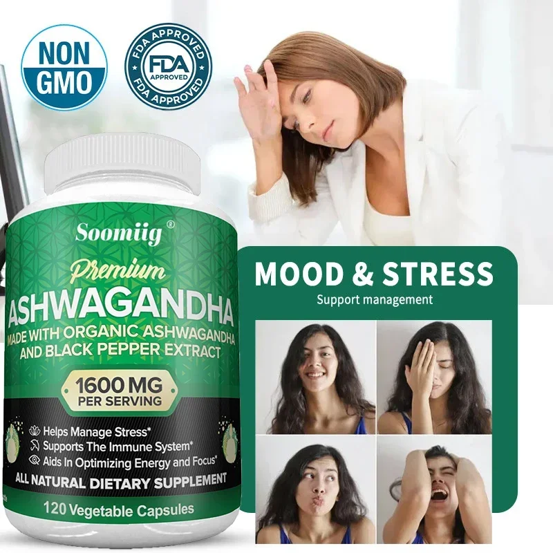 Organic Ashwagandha 1600 mg - 120 Vegetarian Capsules Pure Organic Ashwagandha Root Extract - Relieve Stress, Improve Mood