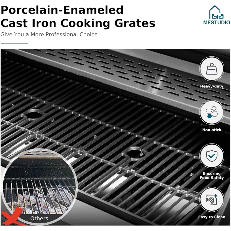 MFSTUDIO 6-Burner Propane Gas Grill, Stainless Steel BBQ Grill with Side Burner and Porcelain-Enameled Cast Iron Grates