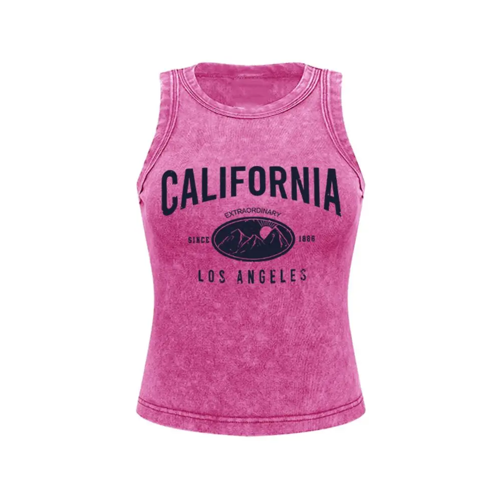 Woman Cotton Washed Sleeveless Los Angeles Calafonia Mountains Prints Tank Tops Basic Tight Streetwear Casual Female Clothing