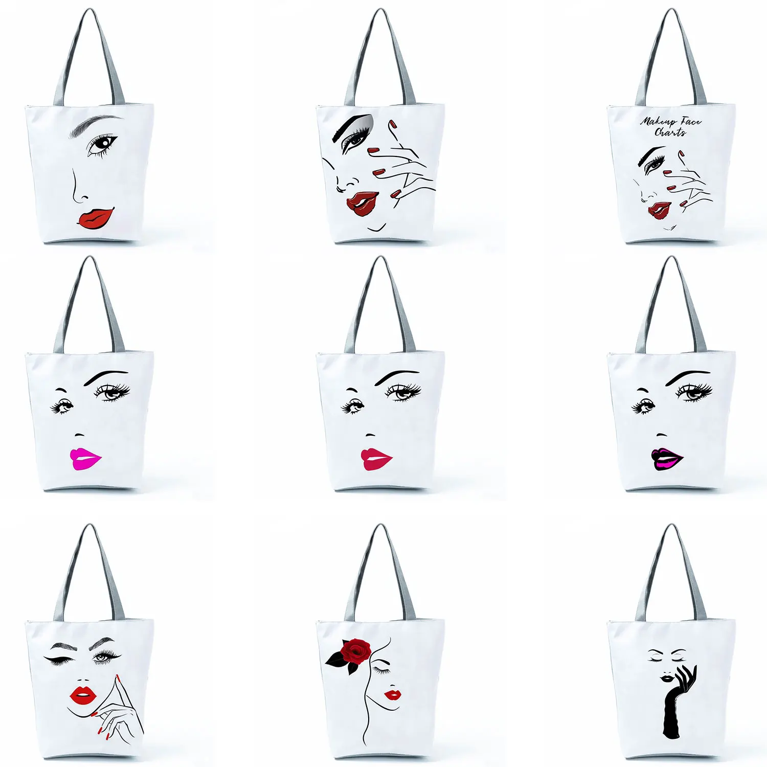 

White High Capacity Tote Foldable Eco Reusable Shopping Bag Fashion Women Elegant Lips Print Handbags Portable Sexy Shoulder Bag