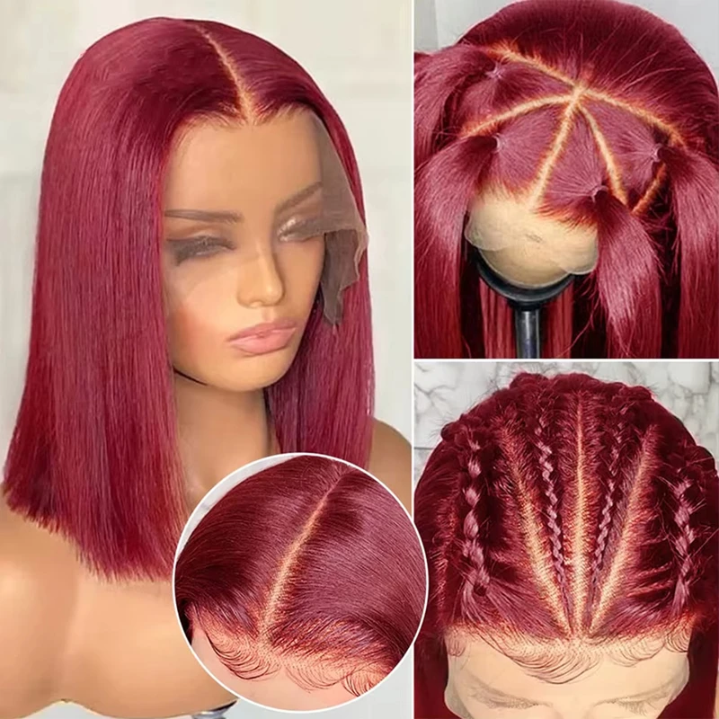 Perruque Bob Lace Frontal Wig brésilienne naturelle, cheveux lisses, bordeaux, 13x4, densité 200%, pre-plucked, 4x4, courte, 99J