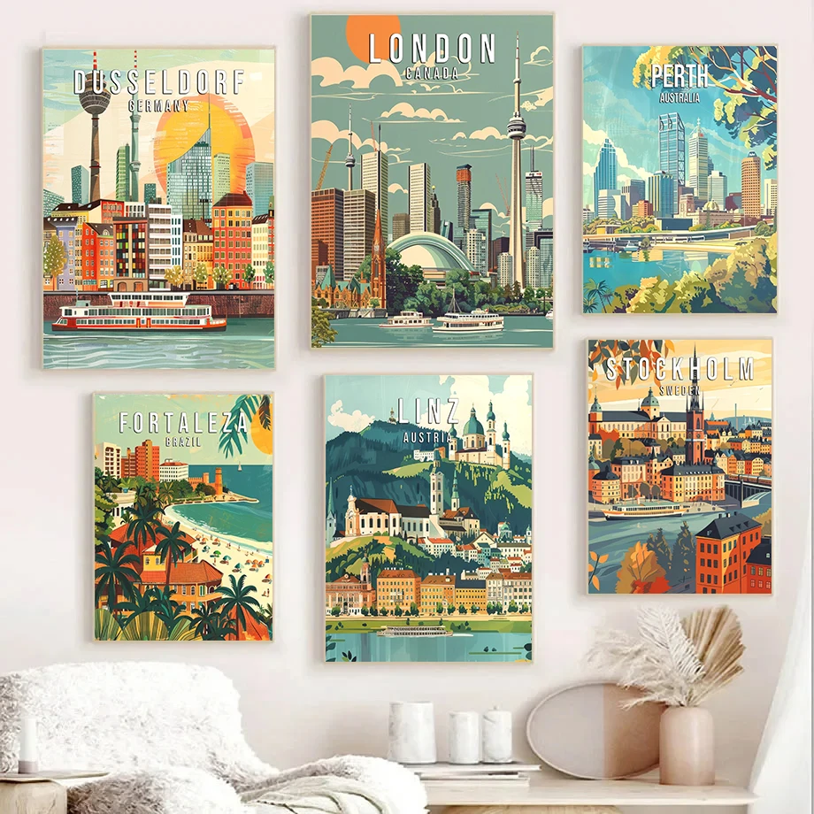 Famous Coastal City Scenery Columbia New Zealand Architecture Retro Poster Canvas Paintings Wall Art Pictures Home Decor