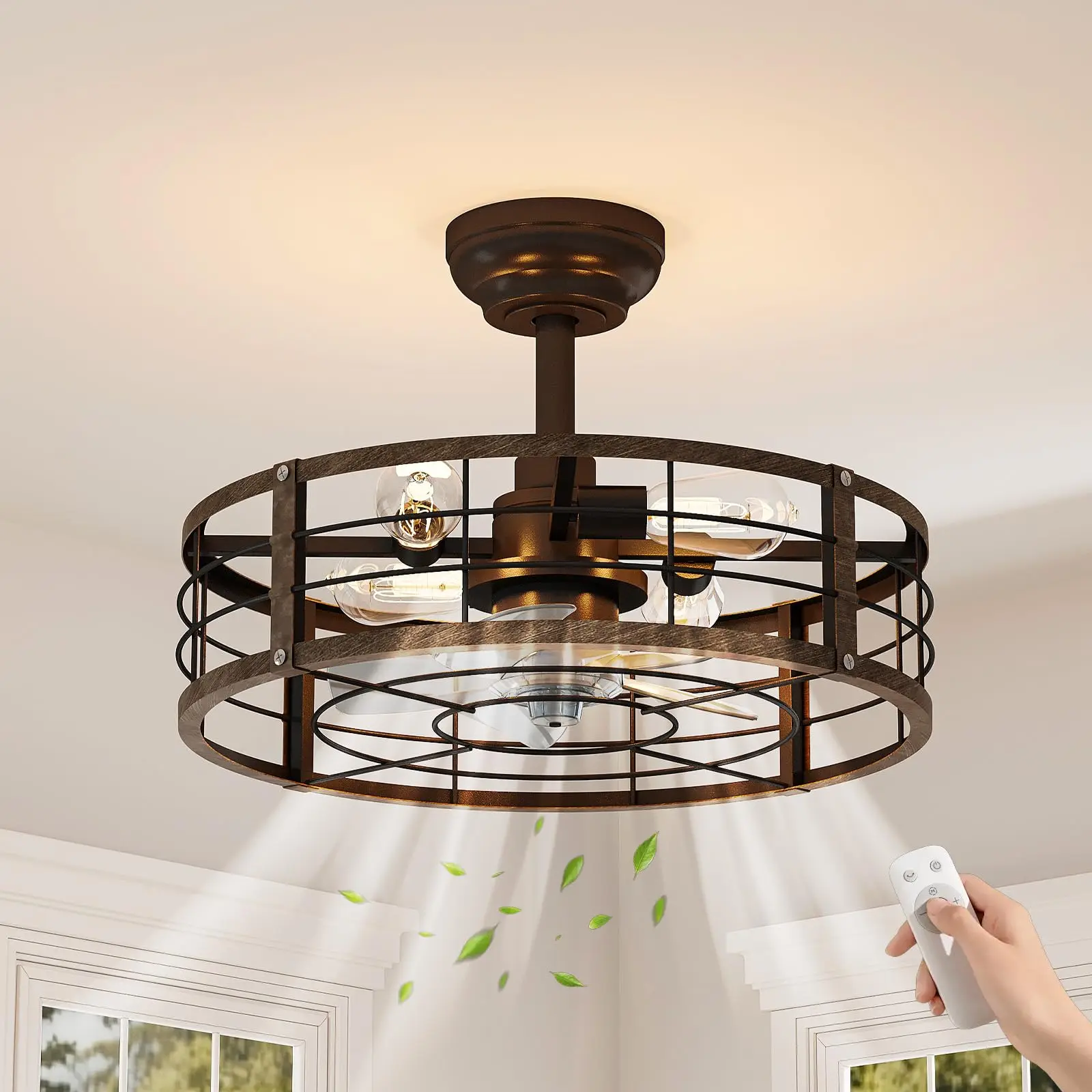 20'' Caged Flush Mount Ceiling Fan With Light & Remote, Farmhouse Fandelier, 6-Speed DC Motor, Bladeless, Black, 120V