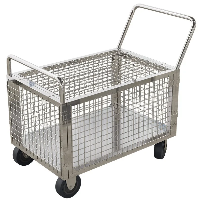 Thickened stainless steel framed grid trolley logistics express warehouse factory workshop turnover pulling goods picking traile