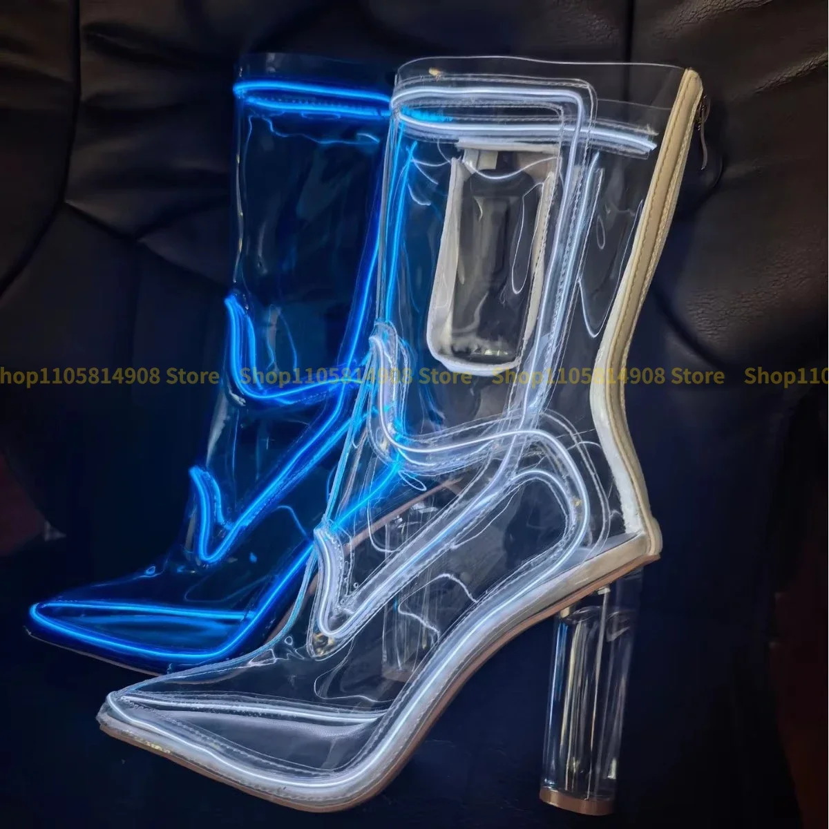 Y2K Luminous Transparent PVC Boots for Women, LED Light Up Pointed Toe Ankle Booties, Chunky Heel Shoes for Stage & Night Club