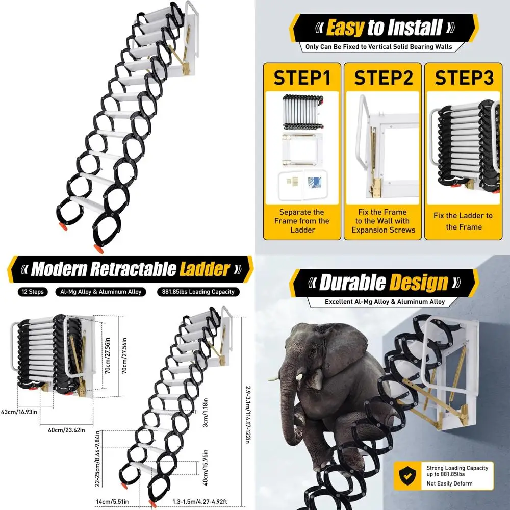 

Folding 12-Step Attic Ladder with Handrail for Easy Access and Space-Saving Wall-Mounted Design