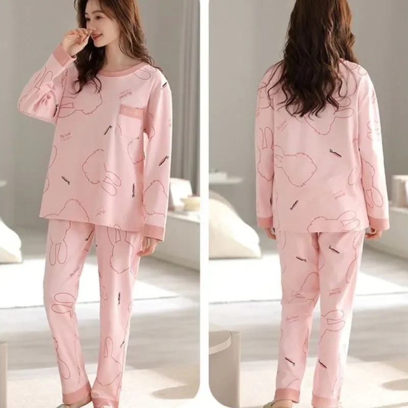 2023 New Double-sided Padded Cotton Pajamas Women Spring Autumn Long-sleeved Sleepwear Pullover Round Collar Loose Homewear Suit