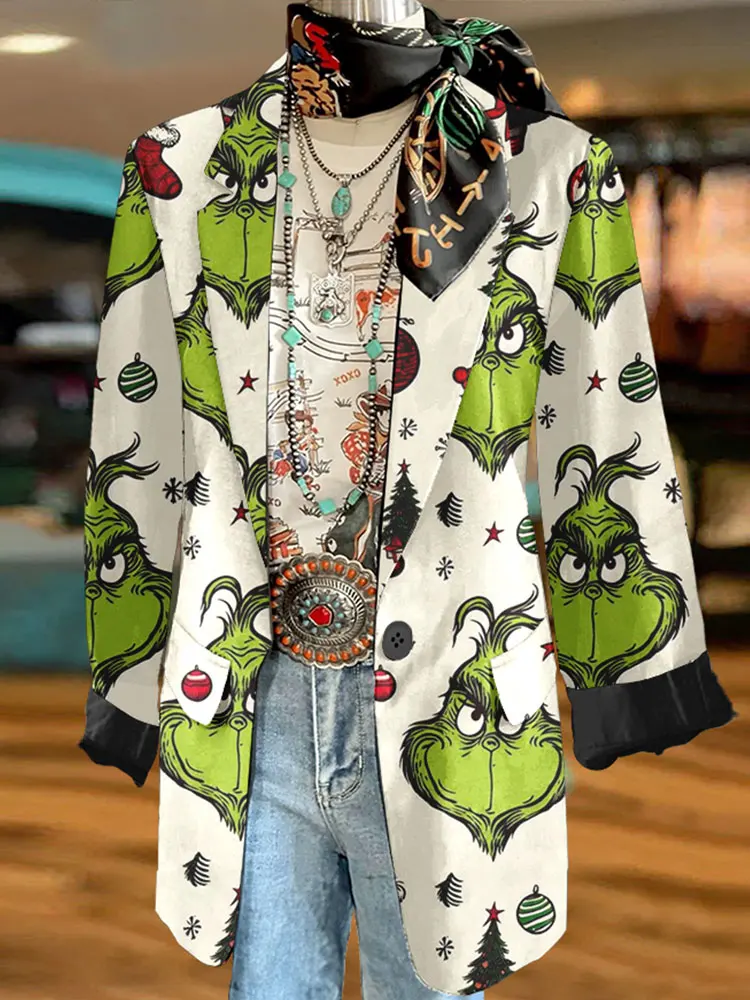 Funny Christmas Print Blazer Long Sleeve Jacket