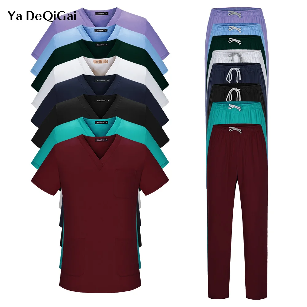 High Quality Spa Uniforms Unisex V-Neck Work Pet Grooming Institutions Set Beauty Salon Clothes Scrubs Tops Pants