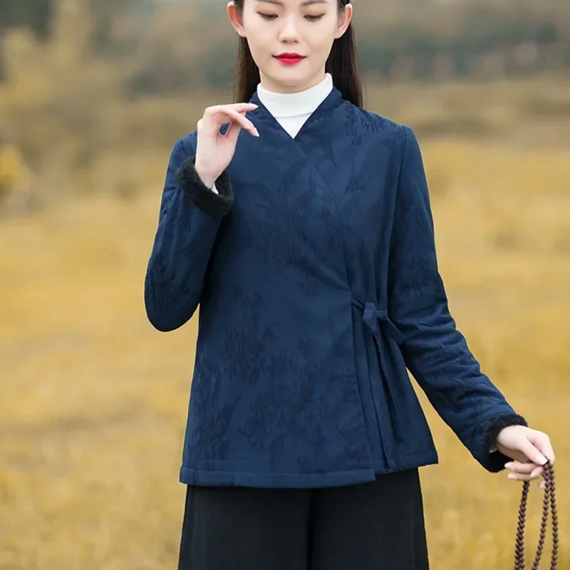 النمط الصيني ملابس النساء النساء معاطف الشتاء 2024 الخريف Hanfu القطن الكتان تانغ دعوى الصينية شيونغسام 12031