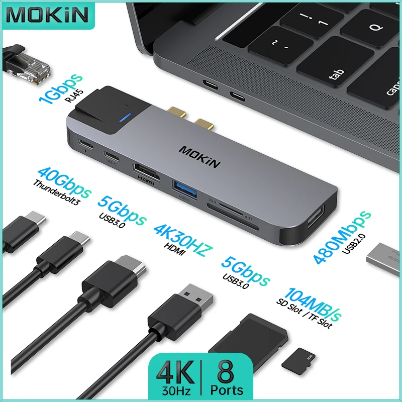 Estação de ancoragem USB C MOKiN 8 em 2 4K 60HZ - HDMI, USB3.0 5Gbps, PD 100W, SD/TF, TB3, RJ45 1000Mbps para MacBook Pro/Air M1 M2