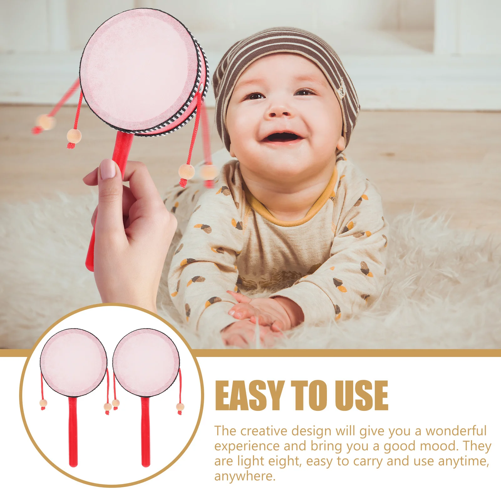 

2pcs Traditional Drum-Shaped Rattles Early Educational Hand Shaking Drum For Kids Baby Cognitive Play Cartoon Rattle-Drum