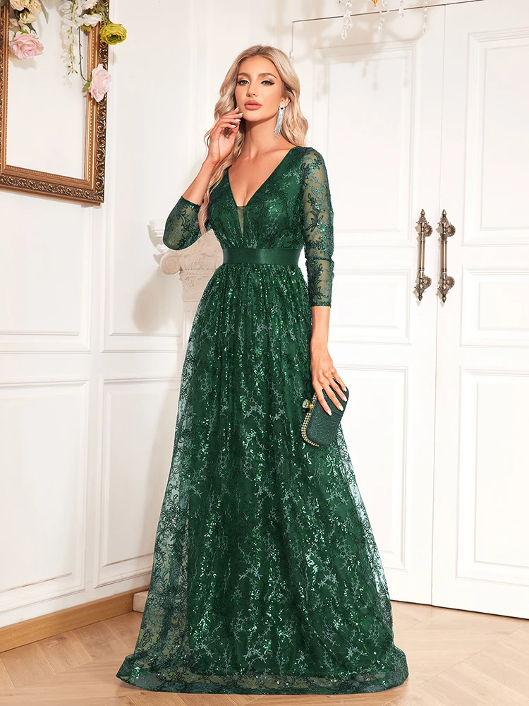 Xuibol Elegante Groene Sexy V-Hals Gebloemde Avondjurk Lange 2024 Luxe Vrouwen Lange Mouw Feest Prom Pailletten Cocktailjurk Jurk