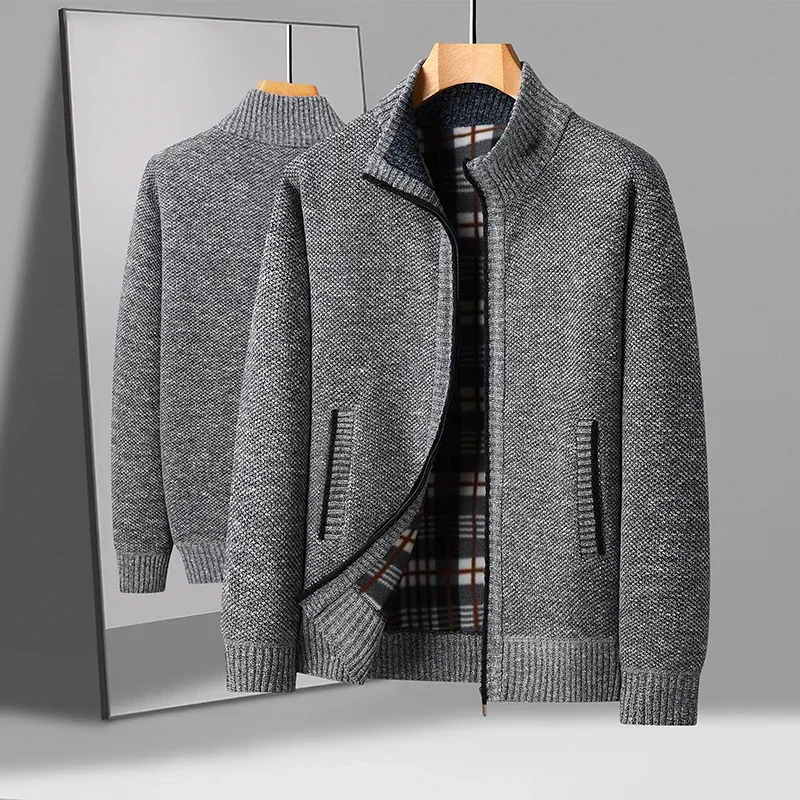 

2025 Men's Casual High Collar Long Sleeve Knitted Top with Velvet Warmth for Autumn and Winter Fashion Multi Functional Jacket