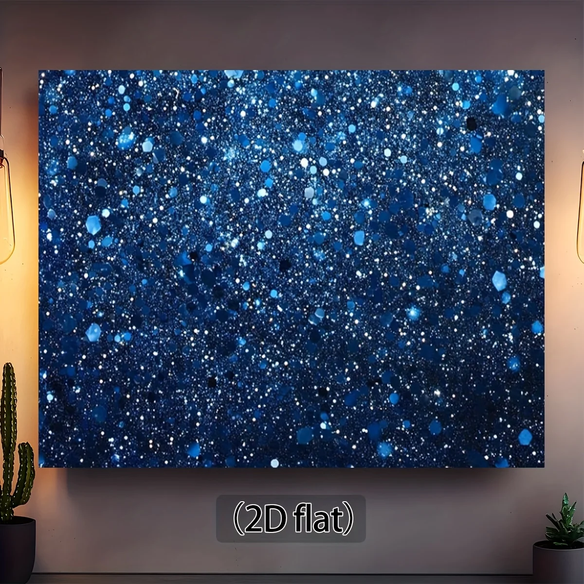 A flat 2D banner, mainly in dark blue, with numerous shiny sequins embedded in it.