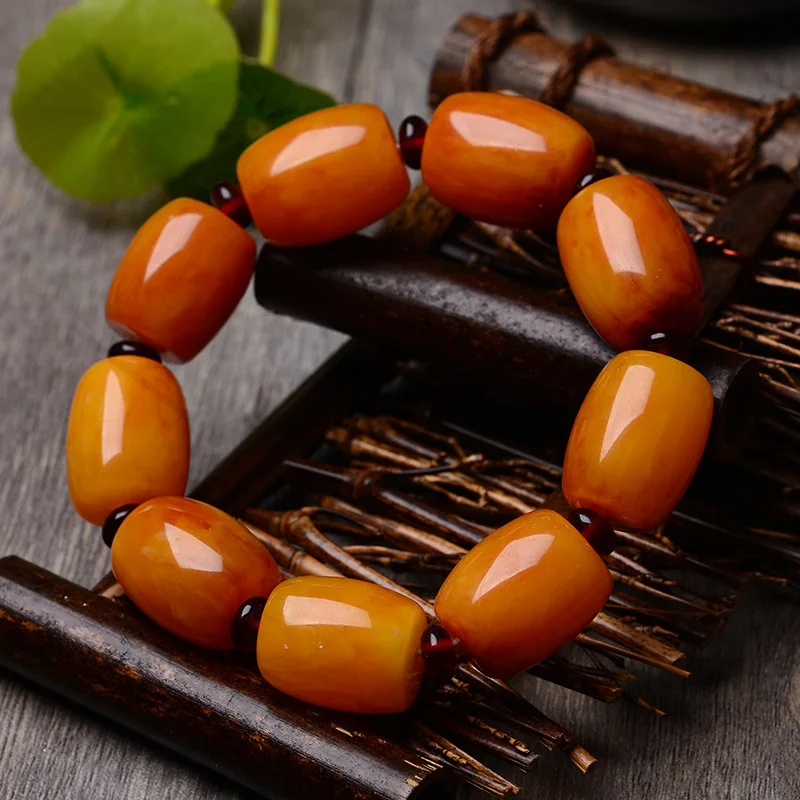 Chicken Oil Yellow Amber , Second Generation Old Beeswax Barrel Bead Bracelet for Men and Women