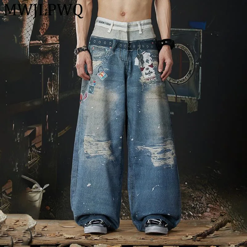 

MWJLPWQ Новые мужские джинсы с 3D-принтом в стиле уличного граффити, свободные широкие брюки унисекс, новые джинсовые брюки на весну и осень 13928