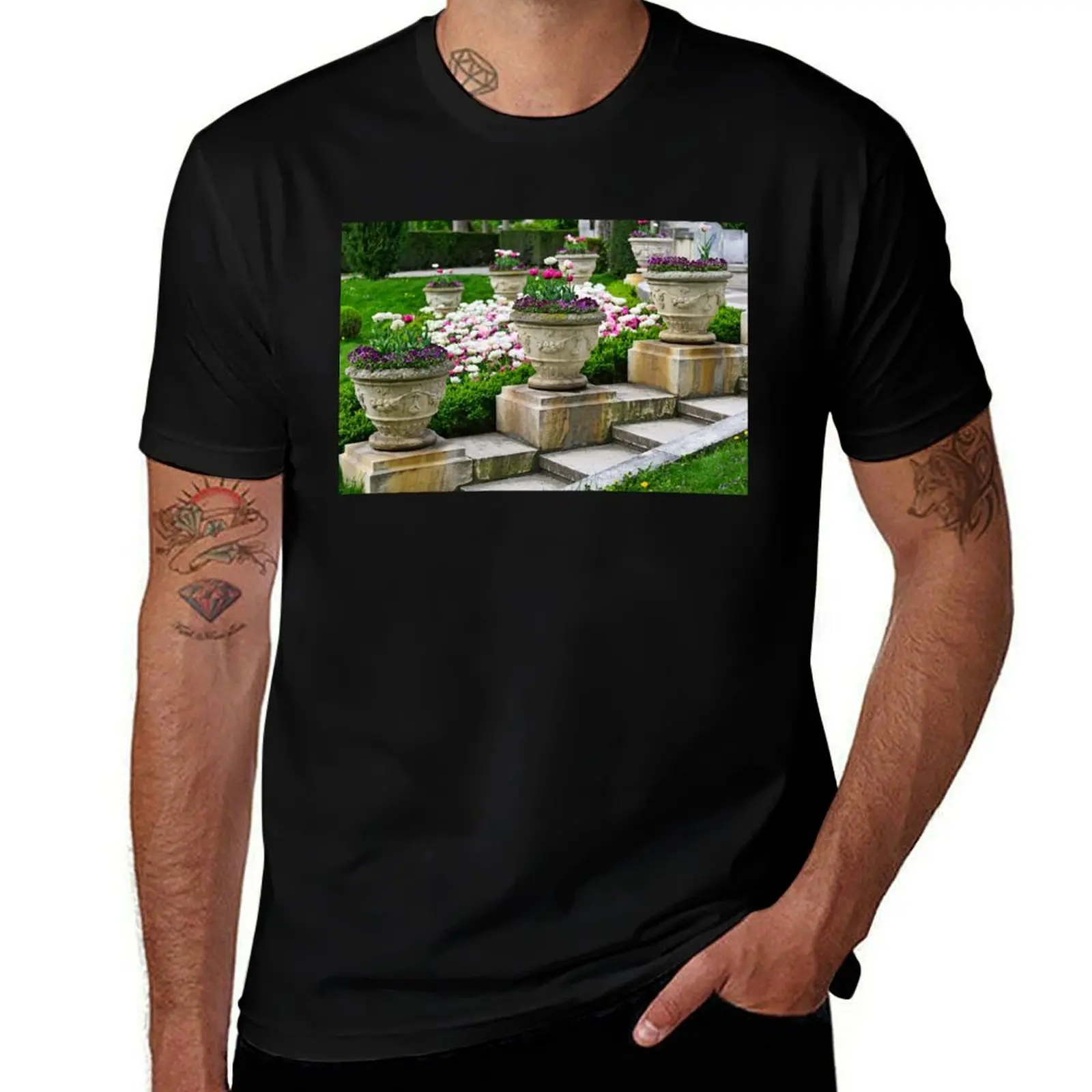 

Tulip flowers in stone vases,Volksgarten public park in Vienna,Austria T-Shirt blue lock shirts men