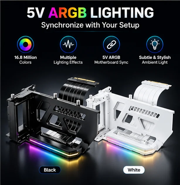 Vertical GPU Mount Kit with PCIe 5.0 x16 Riser Cable, 5V ARGB, Adjustable Aluminum Alloy Bracket for E-ATX/ATX/mATX Cases