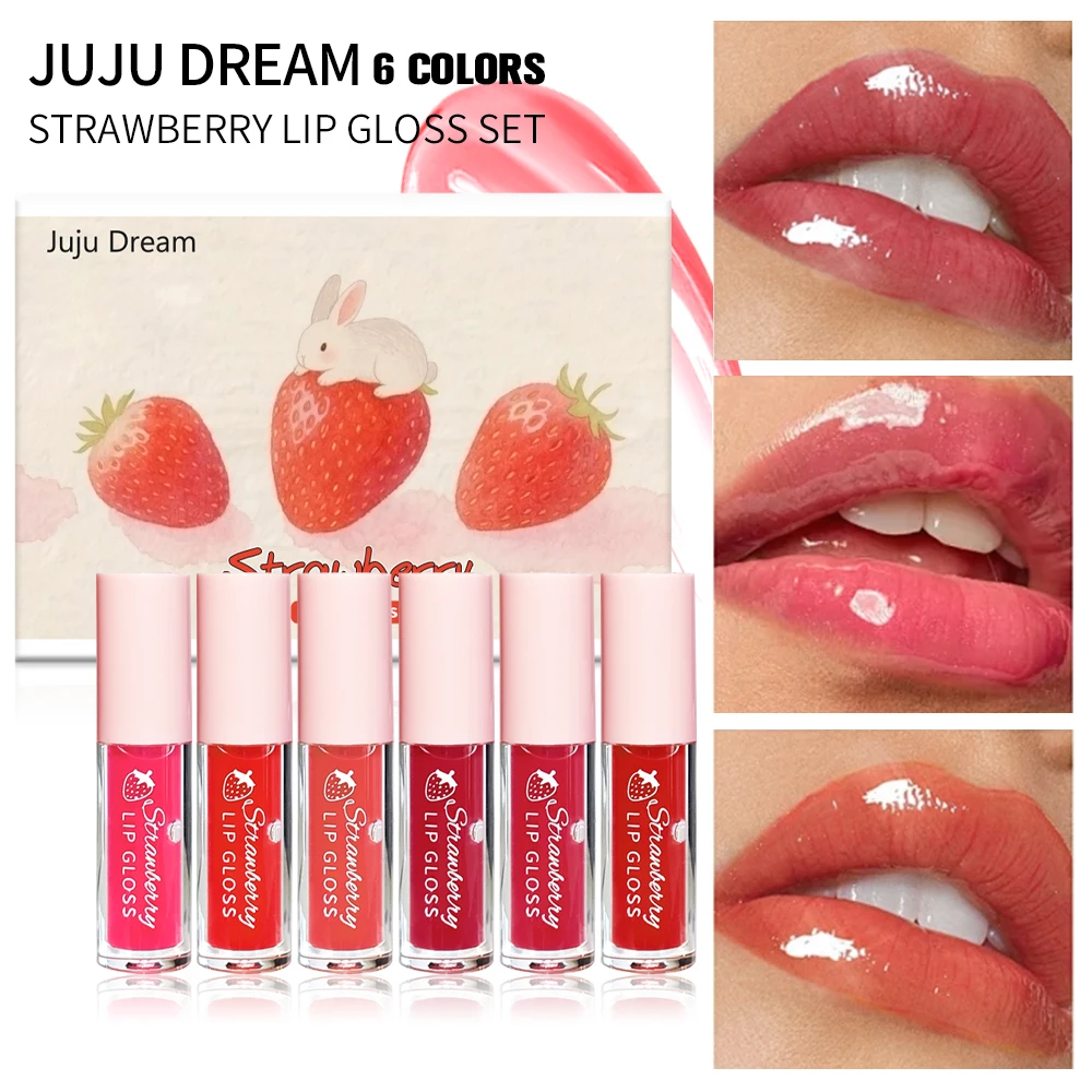 Ensemble de brillant à lèvres aromatisé à la fraise, 6 couleurs, teinte brillante, brillant et hydratant, emballage lapin mignon et fraise