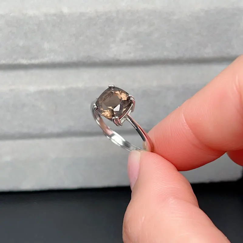 Natural Smoky Quartz Ring 8mm VVS Grade Quartz 925 Silve Rring with Gold Plating
