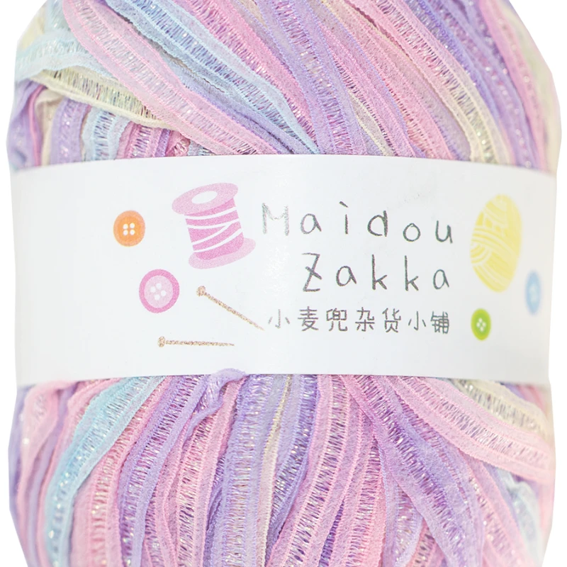 Colorful Sparkling Silk Flat Ribbon Yarn Phantom Dyed Woolen Thread Features DIY Knitted Hook Hat Handmade Bag Crochet Yarn Gift