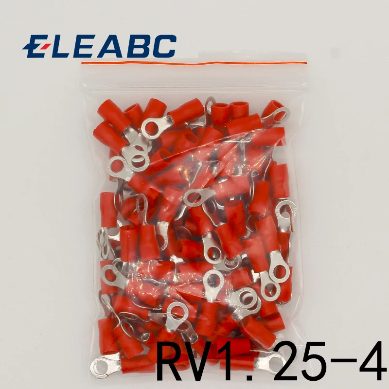 RV1.25-4 Red Ring Insulated Wire Connector Electrical Crimp Terminal RV1.25-4 Cable Wire Connector 100PCS RV1-4 RV