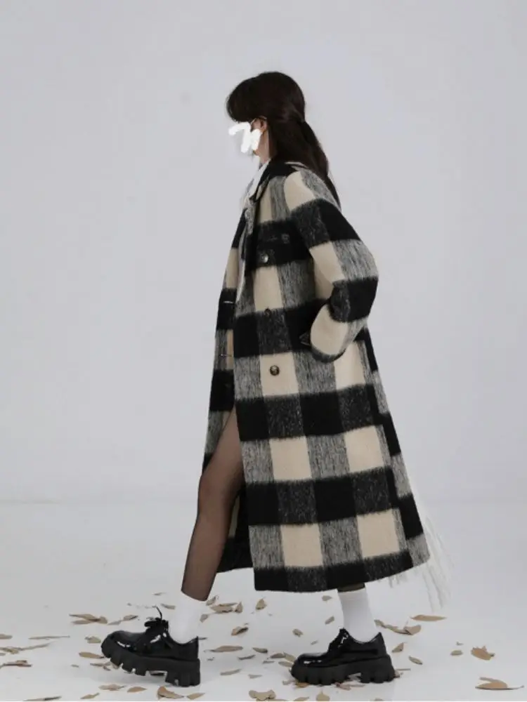 Vintage Black White Plaid Long Wool Coat Women Winter Wool Blazer Coat Thick Luxury Brand Warm Jacket Korean Chic Outerwear