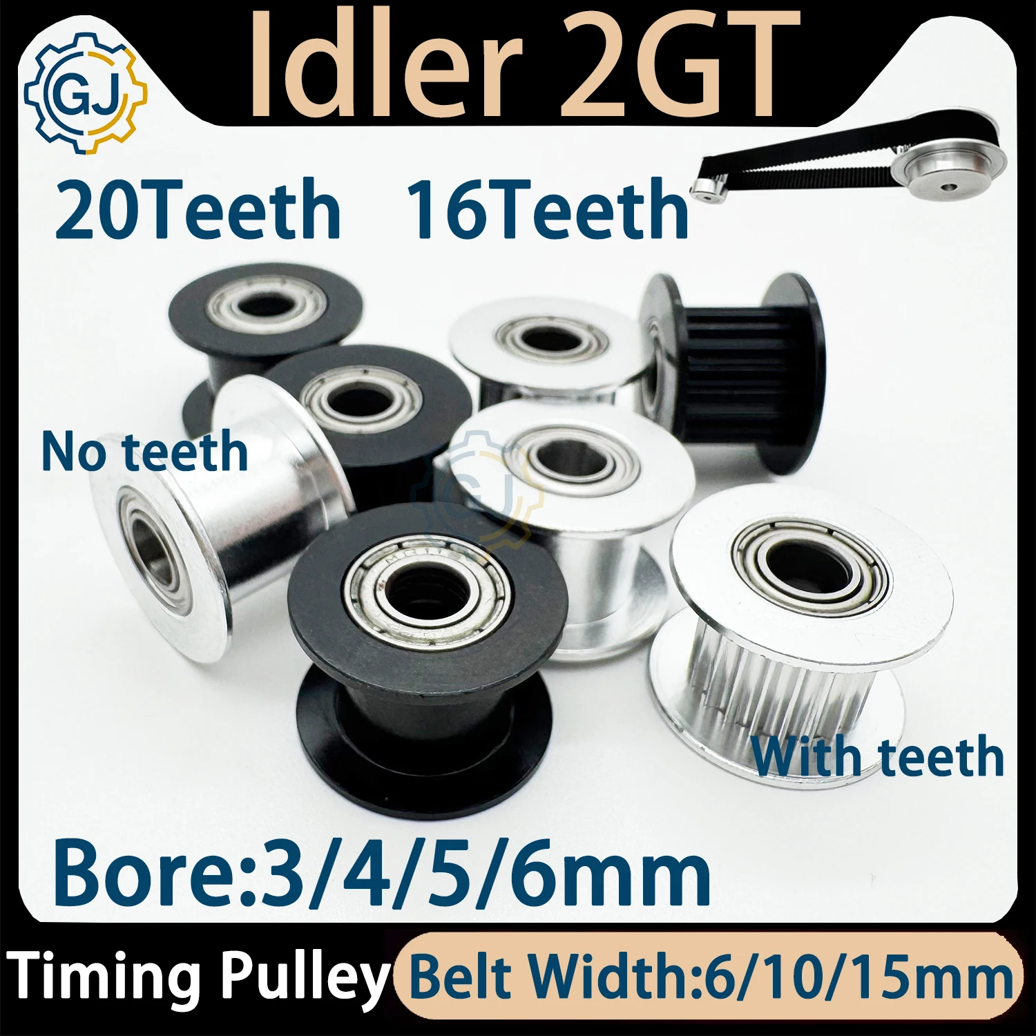 Image of 16T 20T GT2 Umlenkrolle mit 3/4/5/6mm Bohrung, 6/10/15mm Breite, 2GT Synchronriemen, 3D-Drucker CNC-Teile, Umlenkrollentyp 20 Zähne