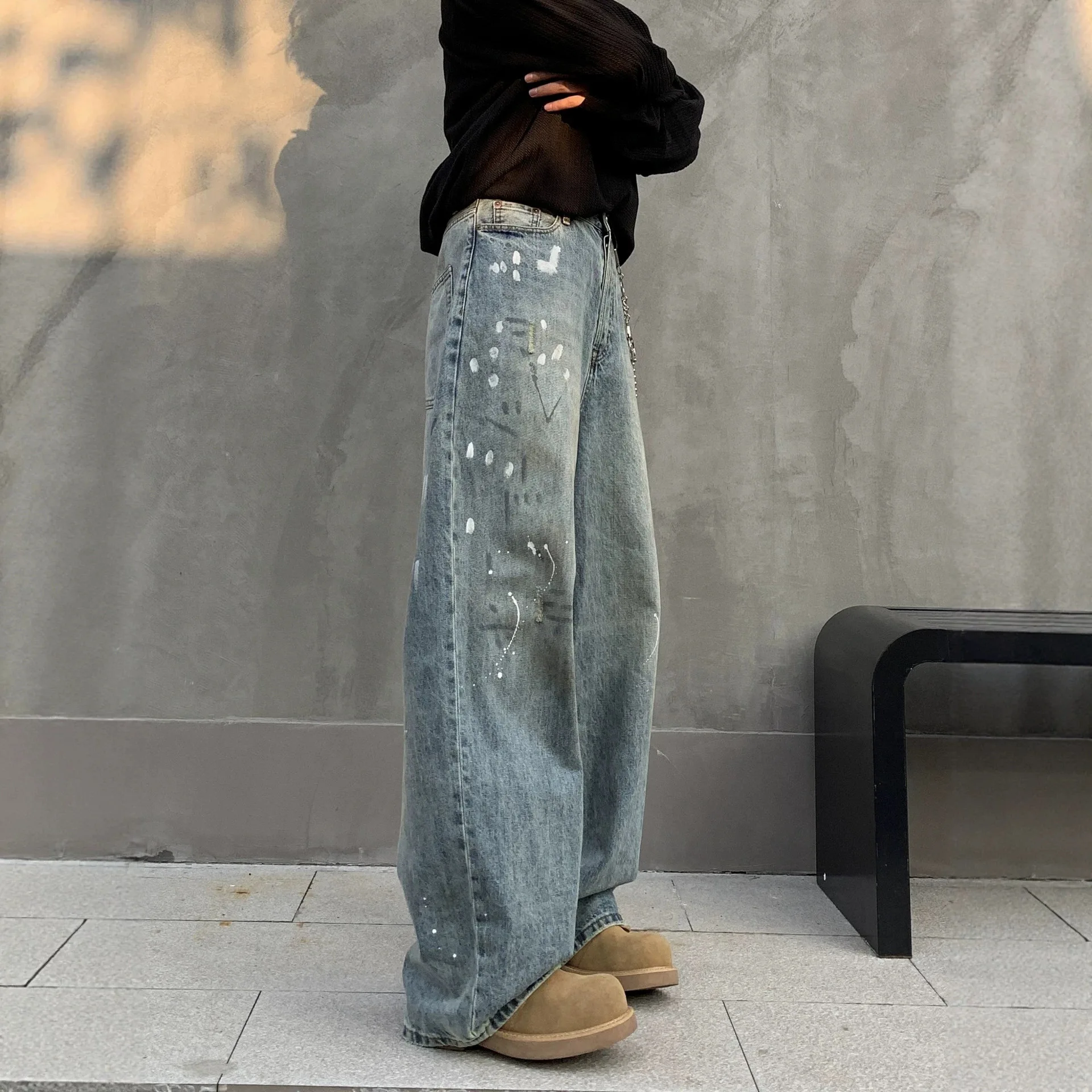Men Light Blue Wash Hole Patched Loose Fit Simple Casual Trendy Daily Splashed Ink Denim Trousers Four Seasons Male Jeans Pants