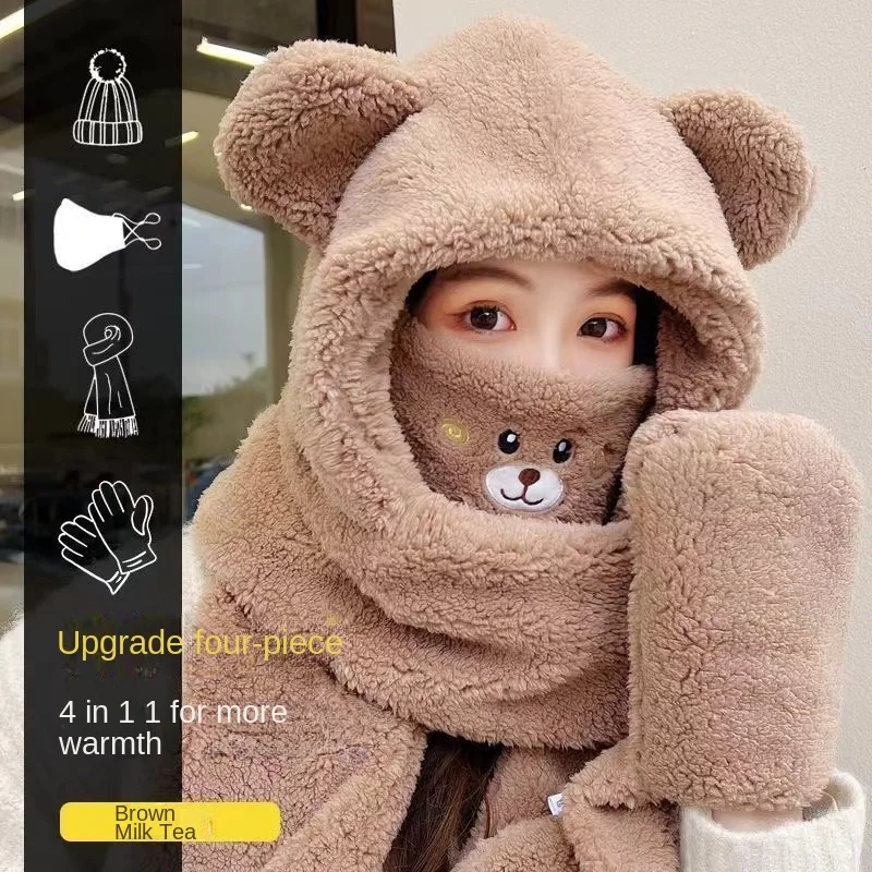 Cute Winter Cartoon Beanies Hat with Mask Cute Bear Lamb Wool Skullies Cap Women Warm Thickened Ear Protection Plush Headgear