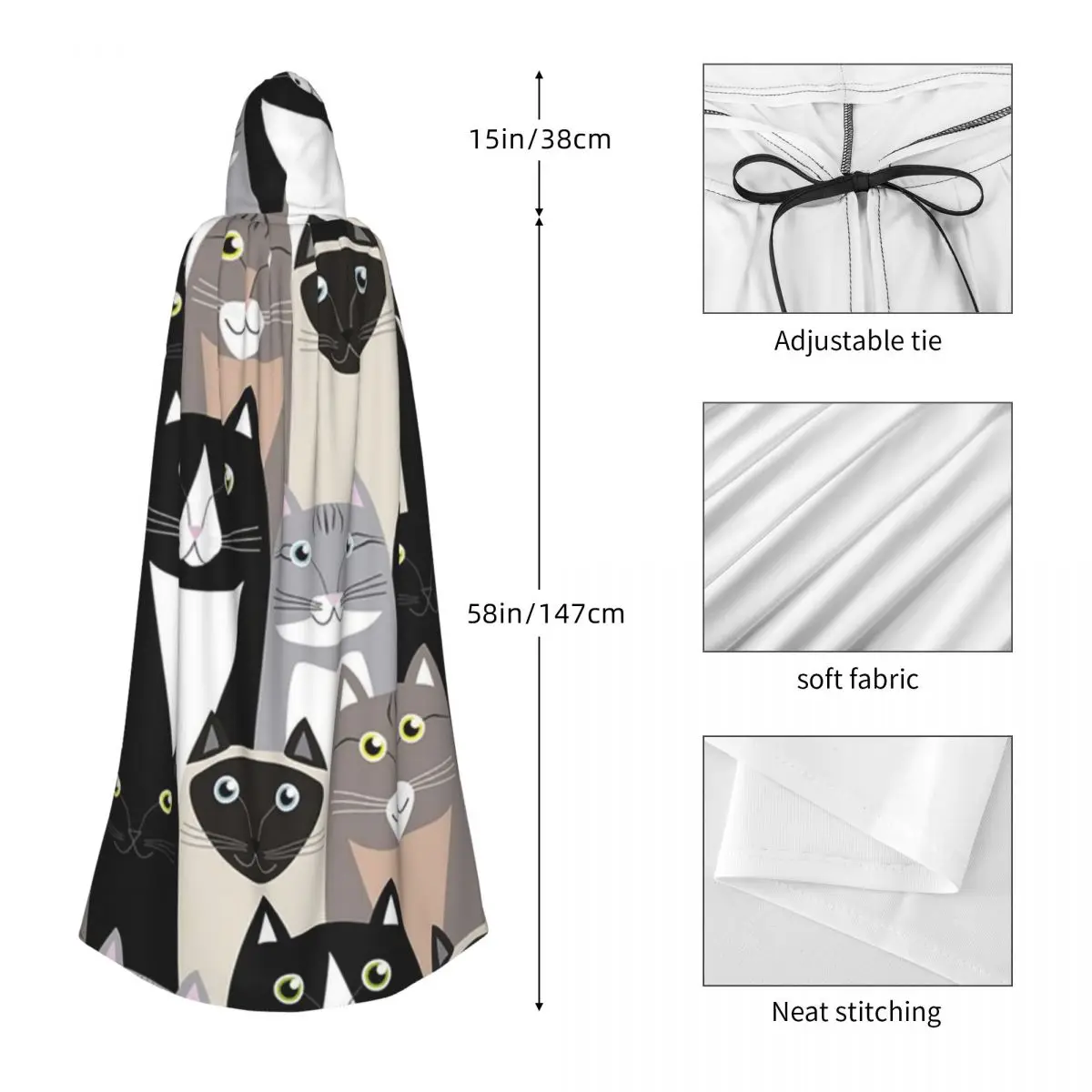猫ロングフード付きマント魔女中世コスチュームコスプレケープハロウィンヴァンパイア大人ユニセックス