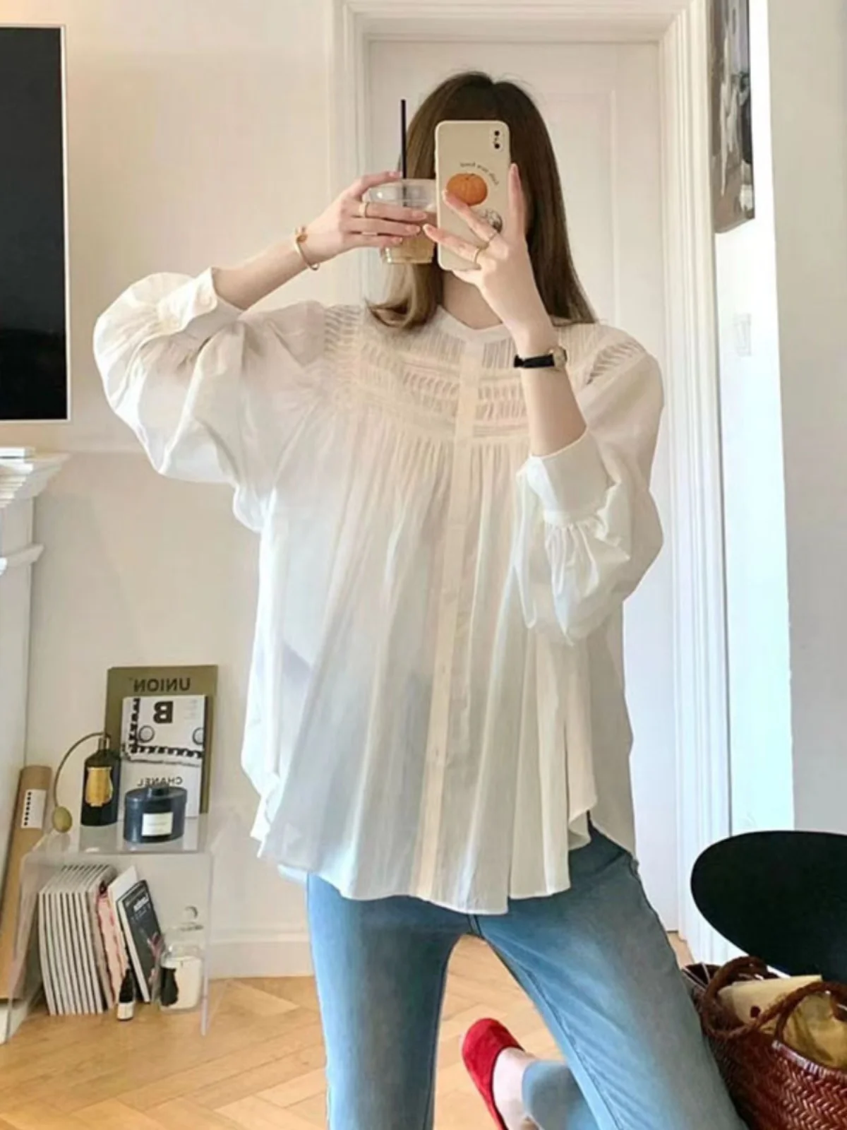 Schickes Retro-weißes irt Sweet Long Sve Doll-Design für Damen, High-End-Feeling, Frühlingsneues Sle-Top, faionable Ele