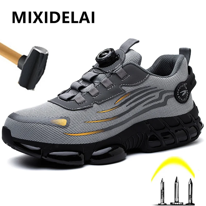

Breathable Men Boots Rotating Buttons Safety Shoes Men Puncture-Proof Work Boots Steel Toe Shoes Light Indestructible Shoes