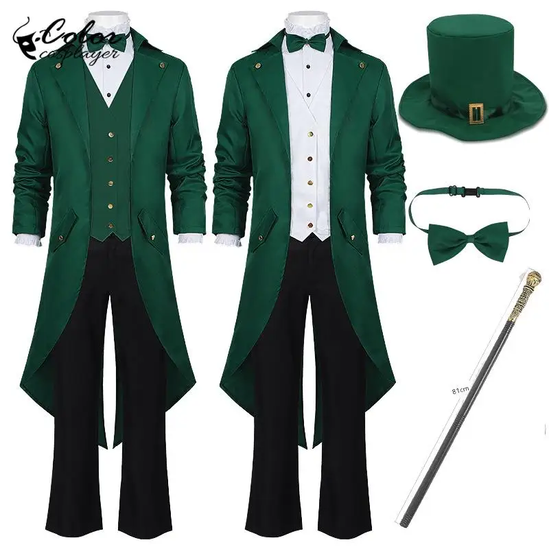 

St'patrick's Day Tuxedo Suit Green Long Sleeve Thin Coat Carnival Performance Shirt Bow Knot Pants Gentleman Cosplay Costume